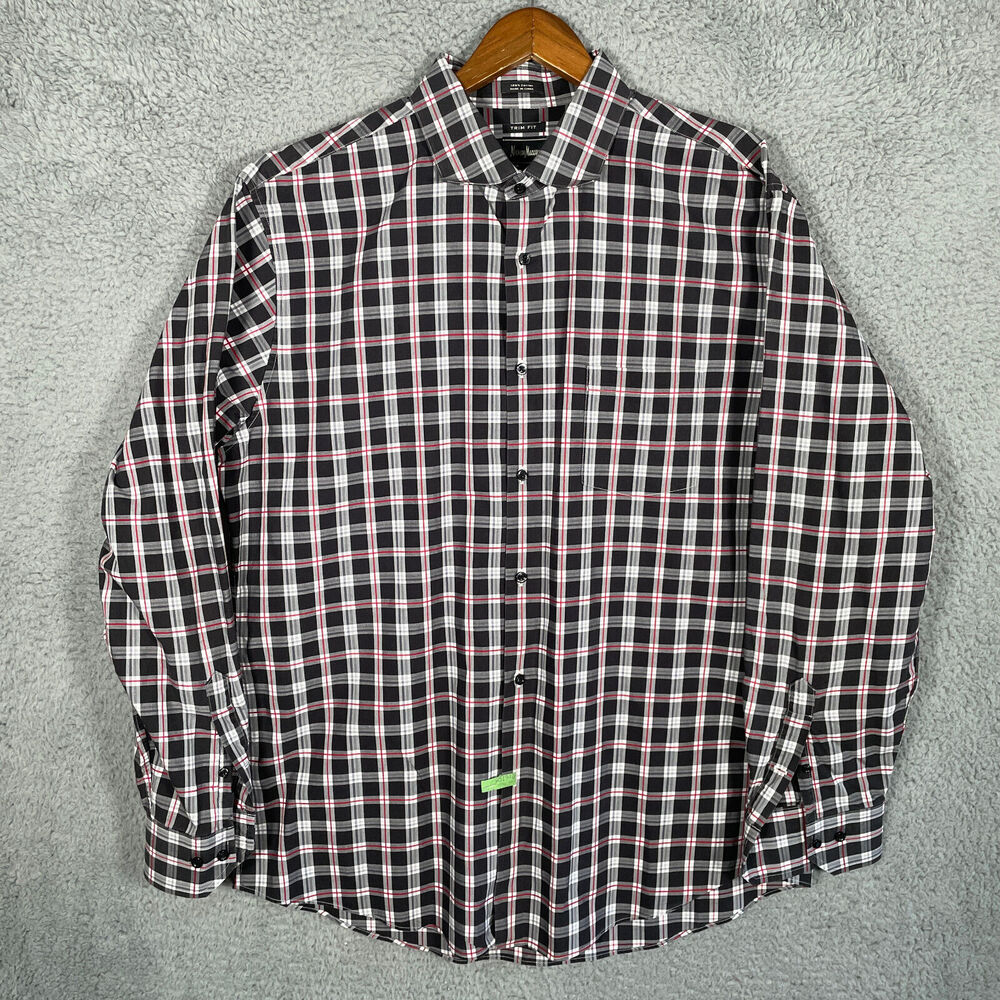Neiman Marcus Shirt Men XL Grey Black Stripe Trim Fit Button Long Sleeve Plaid